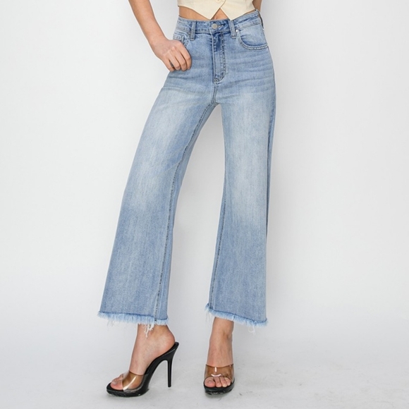 RISEN High-Rise Waist Pants Wide Leg Cropped Frayed Hem Boyfriend Denim Jeans - Picture 14 of 15